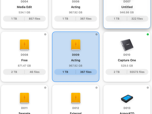 Drive management view showing indexed external drives with QR code labels and capacity information